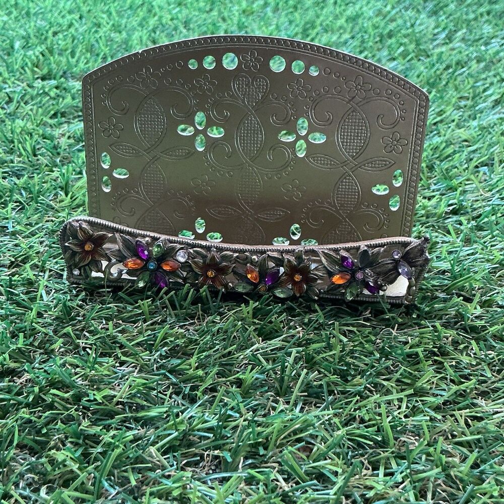 Jeweled Floral Metal Napkin / Card Holder Rhinestone Multicolor Table Decor